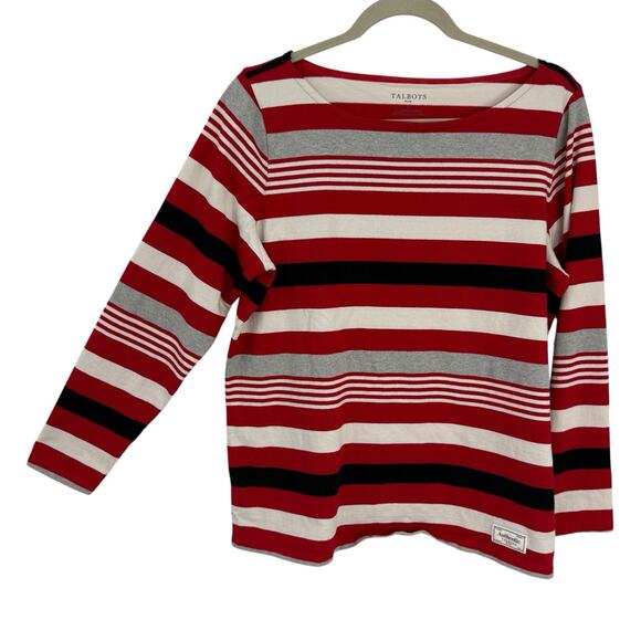 Talbots Authlentic Tee XL Multi Red Striped Cotton Long Sleeve Boatneck Preppy - Picture 1 of 8